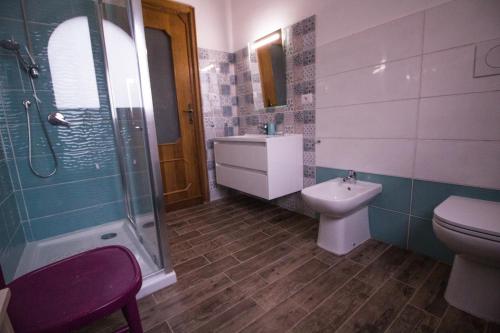 a bathroom with a toilet and a shower and a sink at Casa sui Tetti in Ozieri