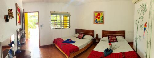 a bedroom with two beds and a window at Hotel Tropical Sands Dominical in Dominical