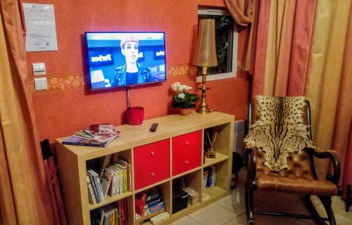 - un salon avec une télévision et une étagère dans l'établissement Le Relais de Montchat, à Lyon