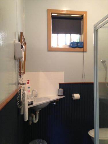 a bathroom with a sink and a toilet and a window at Walcha Royal Cafe & Accommodation in Walcha