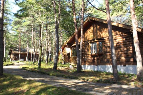 a log cabin in the woods next to a road at HOLIDAY VILLA Hotel & Resort KARUIZAWA in Tsumagoi
