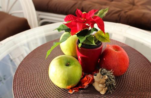 a table with apples and a vase with a flower at Orchidea Vendégház - Zebegény in Zebegény