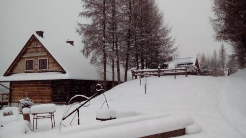 a house covered in snow in front of a cabin at Cudne Manowce in Wetlina