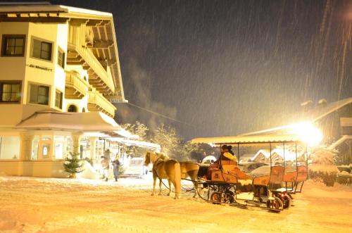 a horse drawn carriage in the snow at night at derNeuwirt in Schwendau