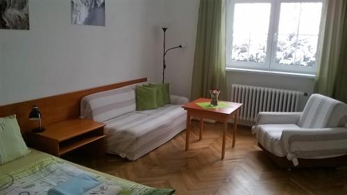 um quarto com uma cama, uma mesa e uma cadeira em Penzion Villa Gerlach em Nový Smokovec