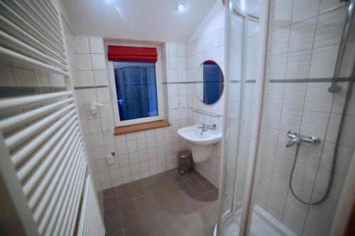 a small bathroom with a sink and a shower at Wellness Apartmán Pec in Pec pod Sněžkou
