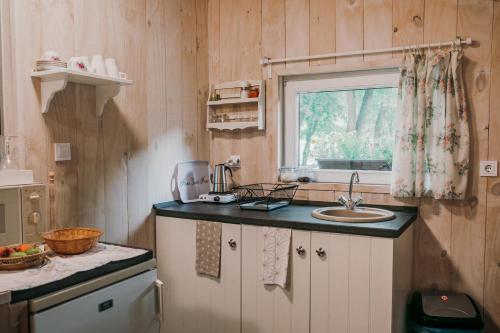 eine kleine Küche mit einem Waschbecken und einem Fenster in der Unterkunft Vackorkert in Sirok