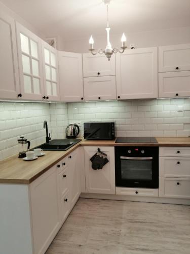 a kitchen with white cabinets and a black appliance at Apartamenty Homole C2 Szczawnica in Szczawnica
