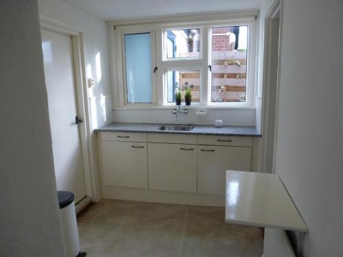 uma cozinha com um lavatório e uma janela em Huis De Roos em De Kwakel