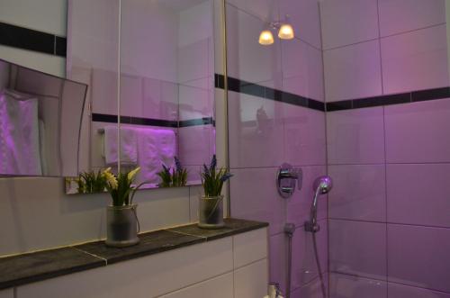 a purple bathroom with a shower with plants on a counter at Zentral gelegen - stilvolles Appartment in Moabit in Berlin