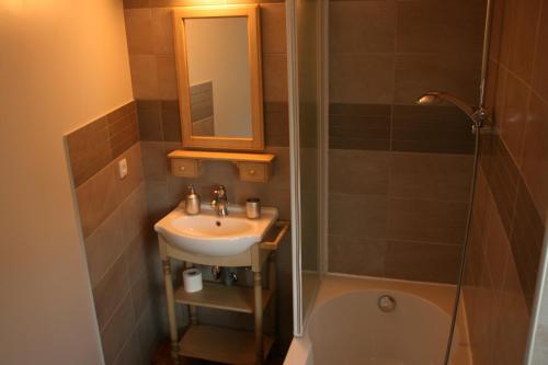 a bathroom with a sink and a shower and a toilet at Maison Fouga in Cadéac