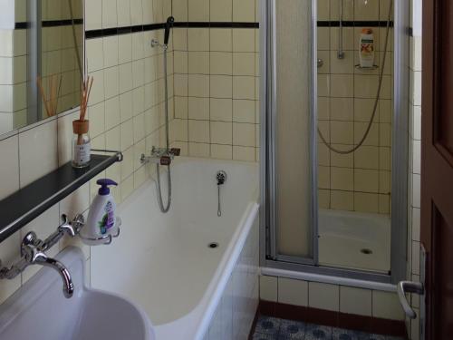 a bathroom with a shower and a tub and a sink at Pension Bellevue Gondo in Ruden