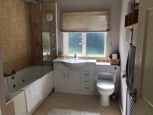 a bathroom with a sink and a toilet and a tub at Comfortable House in Warwick in Warwick