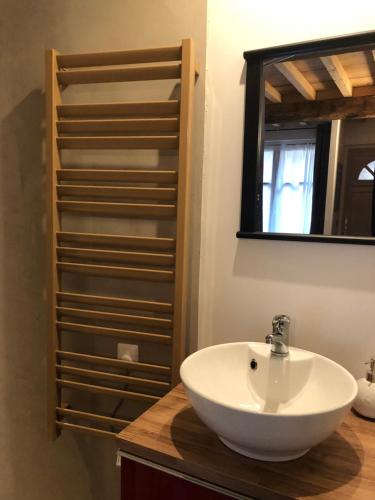 a bathroom with a white sink and a mirror at Lulu Philipp coté cour in Saint-Étienne