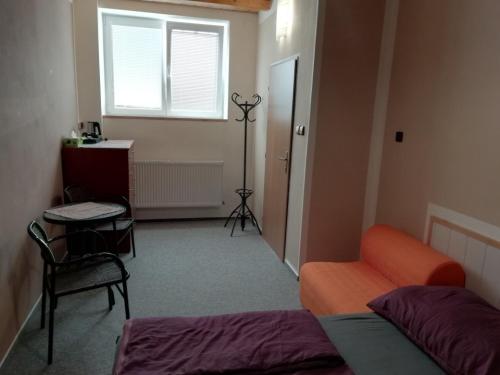 um quarto com uma cama, uma secretária e uma janela em Ubytování Kozov em Bouzov
