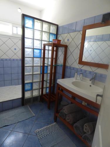 La salle de bains est pourvue d'un lavabo et d'un miroir. dans l'établissement Bel appartement spacieux, à Étang-Salé les Bains