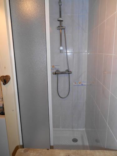 une douche dans une salle de bain avec une porte vitrée dans l'établissement LES CARROZ LE LAYS cosy apartment 40M2 vue montagne plein sud, aux Carroz d'Arâches