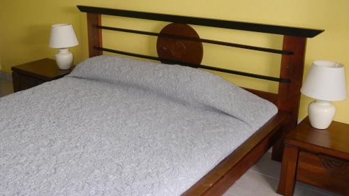 a bed in a bedroom with two tables and two lamps at Hotel La Marmotte in Matoury