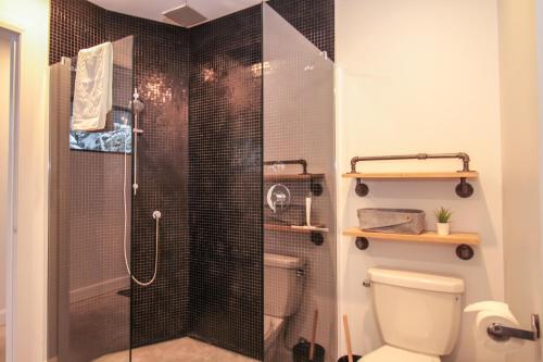 a bathroom with a glass shower with a toilet at Chalet Métis in Petite-Rivière-Saint-François