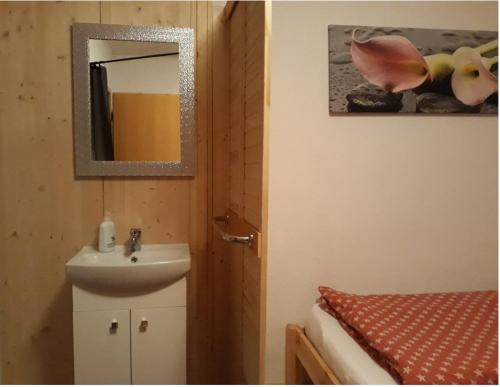 a bathroom with a sink and a mirror at Ferienwohnung Ranch in Meckenbeuren