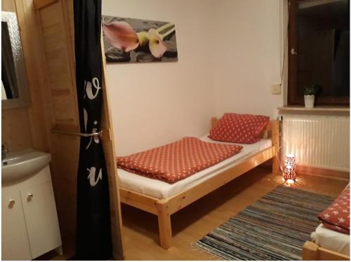 une petite chambre avec un lit et un lavabo dans l'établissement Ferienwohnung Ranch, à Meckenbeuren