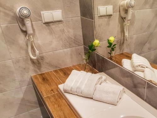 ein Bad mit einer Dusche, einem Telefon und einem Waschbecken in der Unterkunft Noclegi Portowa in Oppeln
