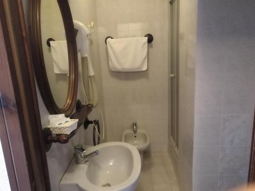 bagno con lavandino, servizi igienici e specchio di Hotel I Larici a Bardonecchia