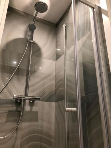 a shower with a glass door in a bathroom at Family & Business Sauna Apartments No2 Leśny nad Zalewem Cedzyna - 2 Bedroom with Private Sauna, Bath with Hydromassage, Terrace, Parking, Catering Options in Kielce