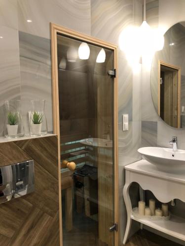 a bathroom with a sink and a mirror at Family & Business Sauna Apartments No2 Leśny nad Zalewem Cedzyna - 2 Bedroom with Private Sauna, Bath with Hydromassage, Terrace, Parking, Catering Options in Kielce