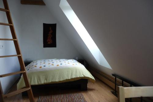 a attic room with a ladder and a bed at Haus Bergwiese - für Naturfreunde, Familien, Wanderer in Gehlberg