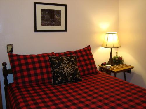 a bedroom with a bed with a red and black plaid at The Bear Den in Ironwood