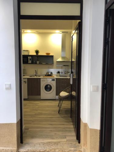 a kitchen with a sink and a washing machine at Apartamentos AL-QAZERES LUXURY La Concepción in Cáceres
