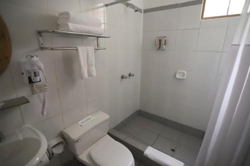 a white bathroom with a toilet and a sink at Casa Andina Standard Nasca in Nazca