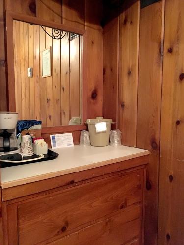 a kitchen with wooden walls and a counter top at Park Motel and Cabins in Florence