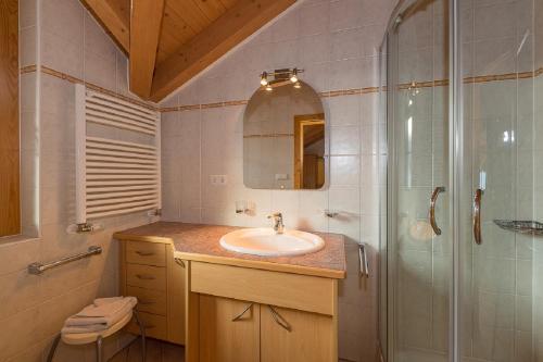 a bathroom with a sink and a glass shower at Appartamenti Lercher Anna in San Candido