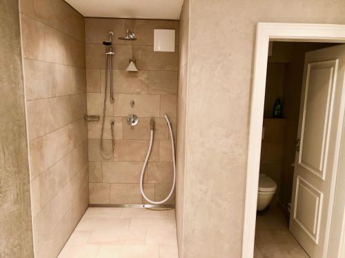 a shower stall in a bathroom with a toilet at Sellmi Sylt @Haus Mateika in Westerland (Sylt)
