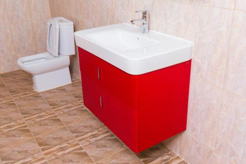 a bathroom with a red sink and a toilet at Monarch Hotel in Accra