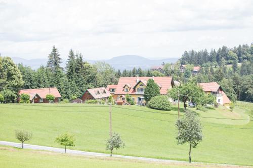 an aerial view of a house in a green field at Buschenschank Ofnerpeter in Sankt Stefan ob Stainz