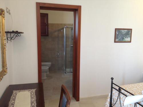 a bathroom with a walk in shower and a toilet at Agriturismo Masseria Quaremme in Carpignano Salentino