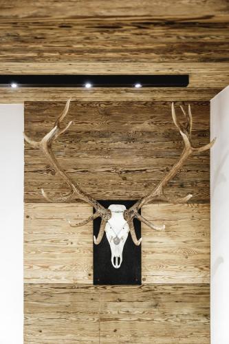 a pair of deer antlers hanging on a wall at Alpinlounge Rätia Appartements in Ischgl