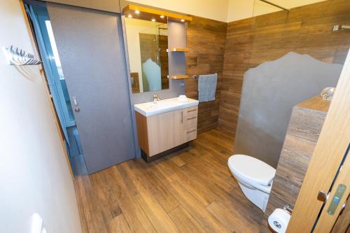 a bathroom with a sink and a toilet and a mirror at Hrimland Cottages in Akureyri