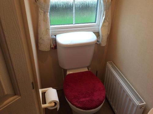 a small bathroom with a toilet with a red cushion at Tarka holiday park, 5A in Barnstaple