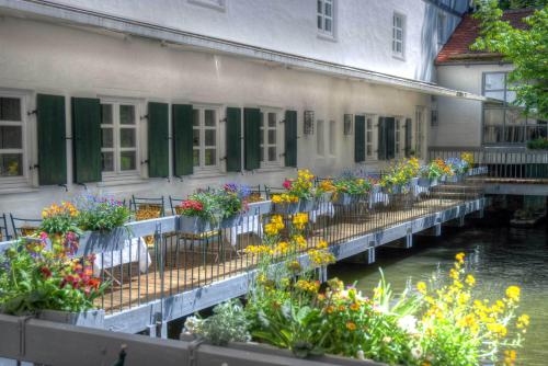 a bunch of flowers on a dock next to a building at InselMühle in Munich