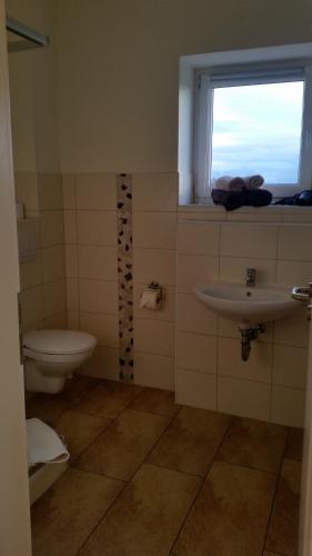 a bathroom with a toilet and a sink and a window at Landhotel Kreien in Kreien