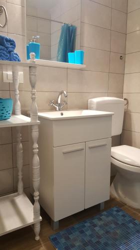 a white bathroom with a sink and a toilet at Robinson Lovorka in Potomje