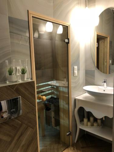 a bathroom with a sink and a mirror at Family & Business Sauna Apartments No2 Leśny nad Zalewem Cedzyna - 2 Bedroom with Private Sauna, Bath with Hydromassage, Terrace, Parking, Catering Options in Kielce
