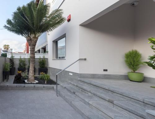a courtyard with palm trees and a white building at La Palmera Hotel Boutique in Las Palmas de Gran Canaria