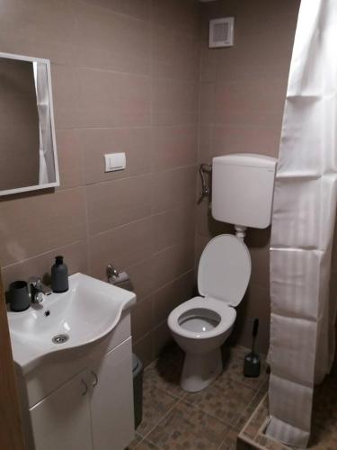 a bathroom with a white toilet and a sink at Apartman Romy in Pančevo