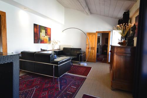 ein Wohnzimmer mit einem schwarzen Sofa und einem roten Teppich in der Unterkunft Au Gré Du Voyage in Uzès