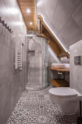 a bathroom with a shower and a toilet and a sink at Apartamenty u Grażyny in Murzasichle
